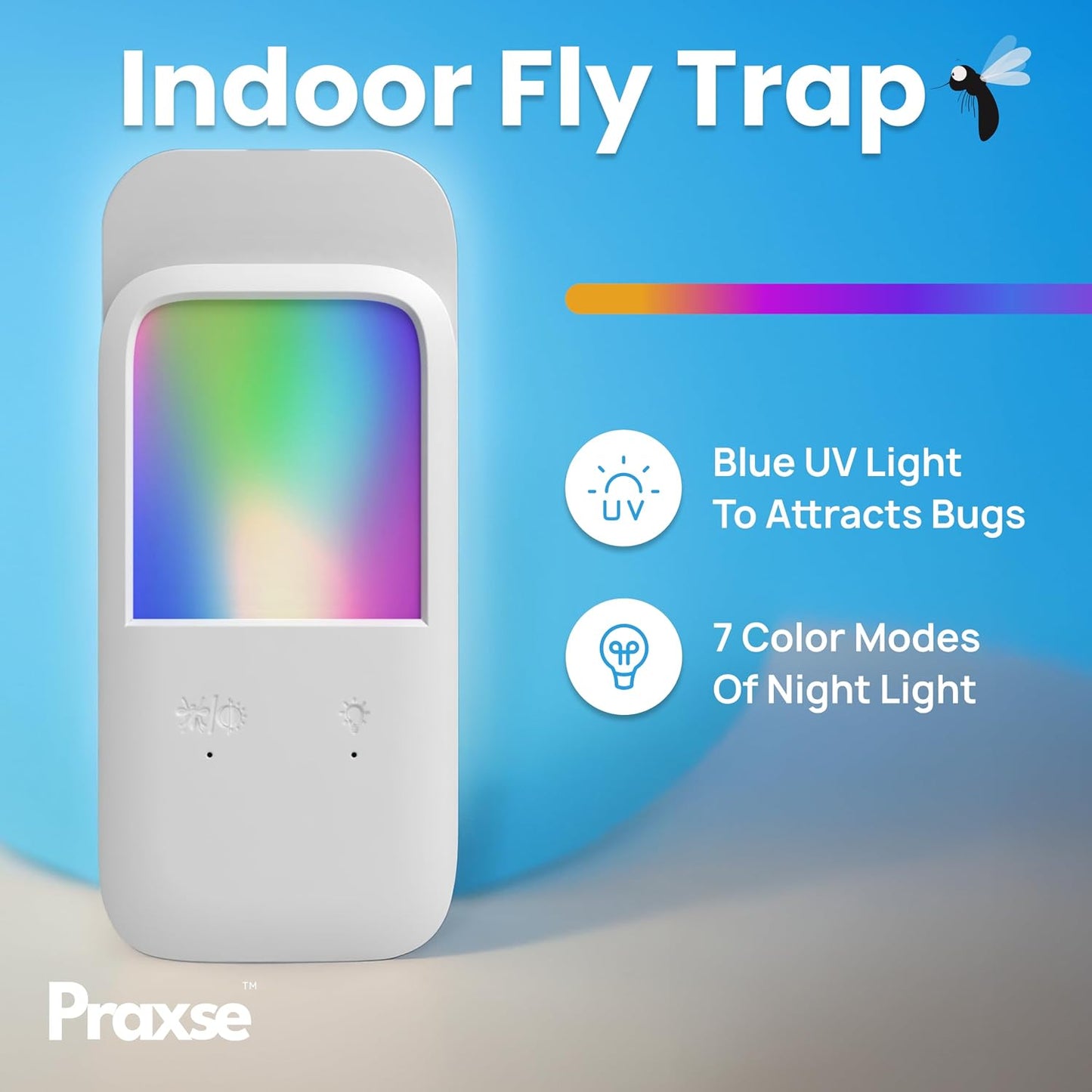 Plug-in Fly Trap & Nightlight - Indoor Insect Catcher for Mosquitoes, Gnats, Fruit Flies with RGB Night Lamp for Home, Kitchen, Office (White, 1 Bug Light Device with 5 Sticky Pads)