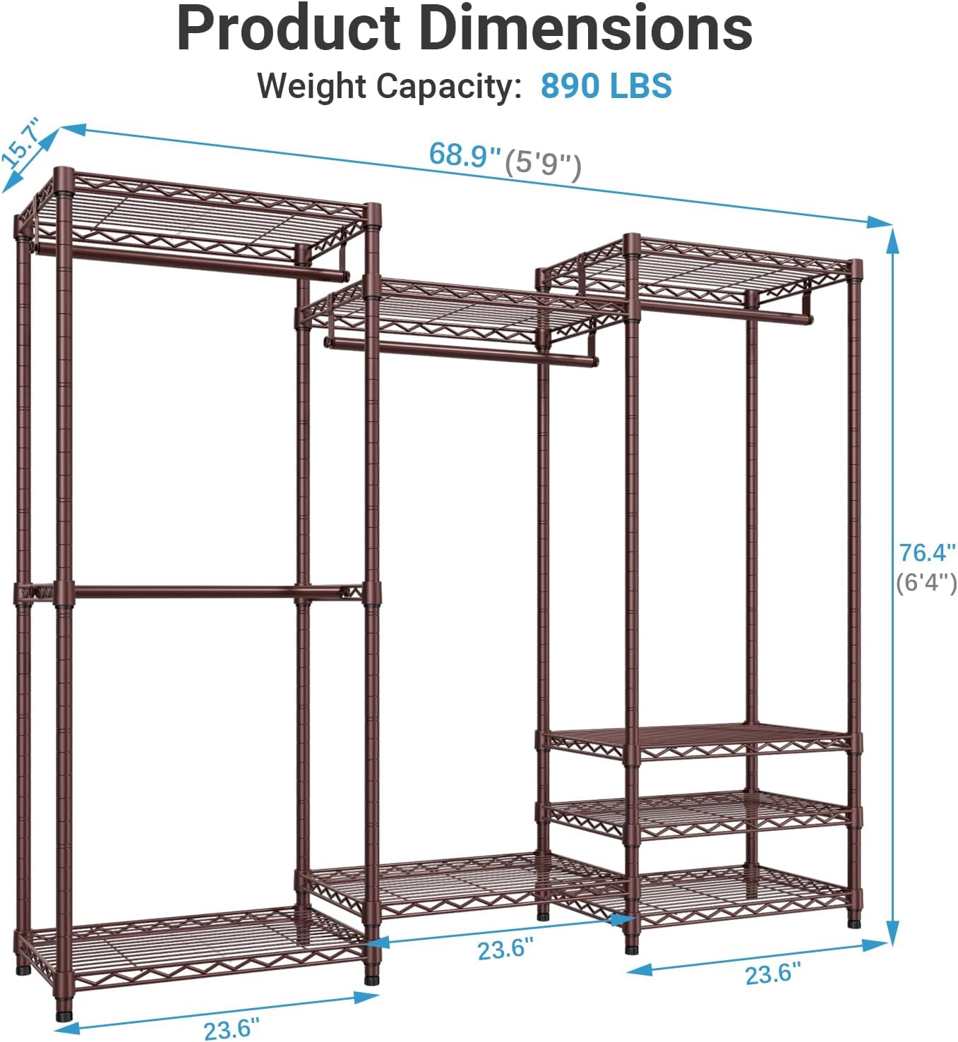 VIPEK V5 Heavy Duty Clothes Rack, Portable Closet Wardrobe with 4 Hanging Rods & 8 Shelves, Freestanding Adjustable Garment Rack for Bedroom, Walk-in Closet, 890 lbs Capacity, Black, 68.9" L