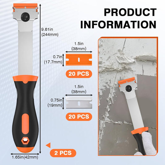 2 Pack Razor Blade Scraper Tool with 20 Metal & 20 Plastic Razor Blades, Multi-Purpose Long Handle Heavy Duty Scraper Tool for Cleaning Cooktop, Oven, Floor, Paint, Tile, and Window Glass
