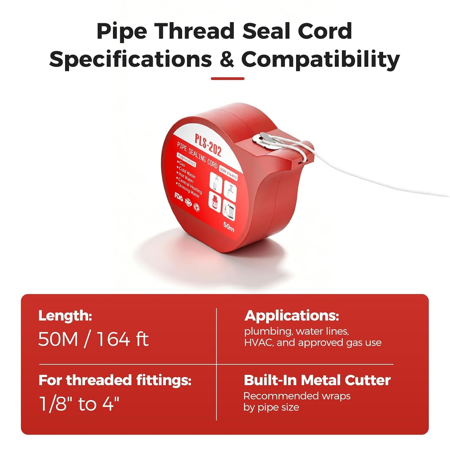 Ukoke 164ft Pipe Thread Sealant Cord for NPT Fittings (1/8”–4”) – Professional Plumber’s Grade Thread Seal String – Leak-Proof Upgrade for Water, Gas, HVAC & Solar – 50m