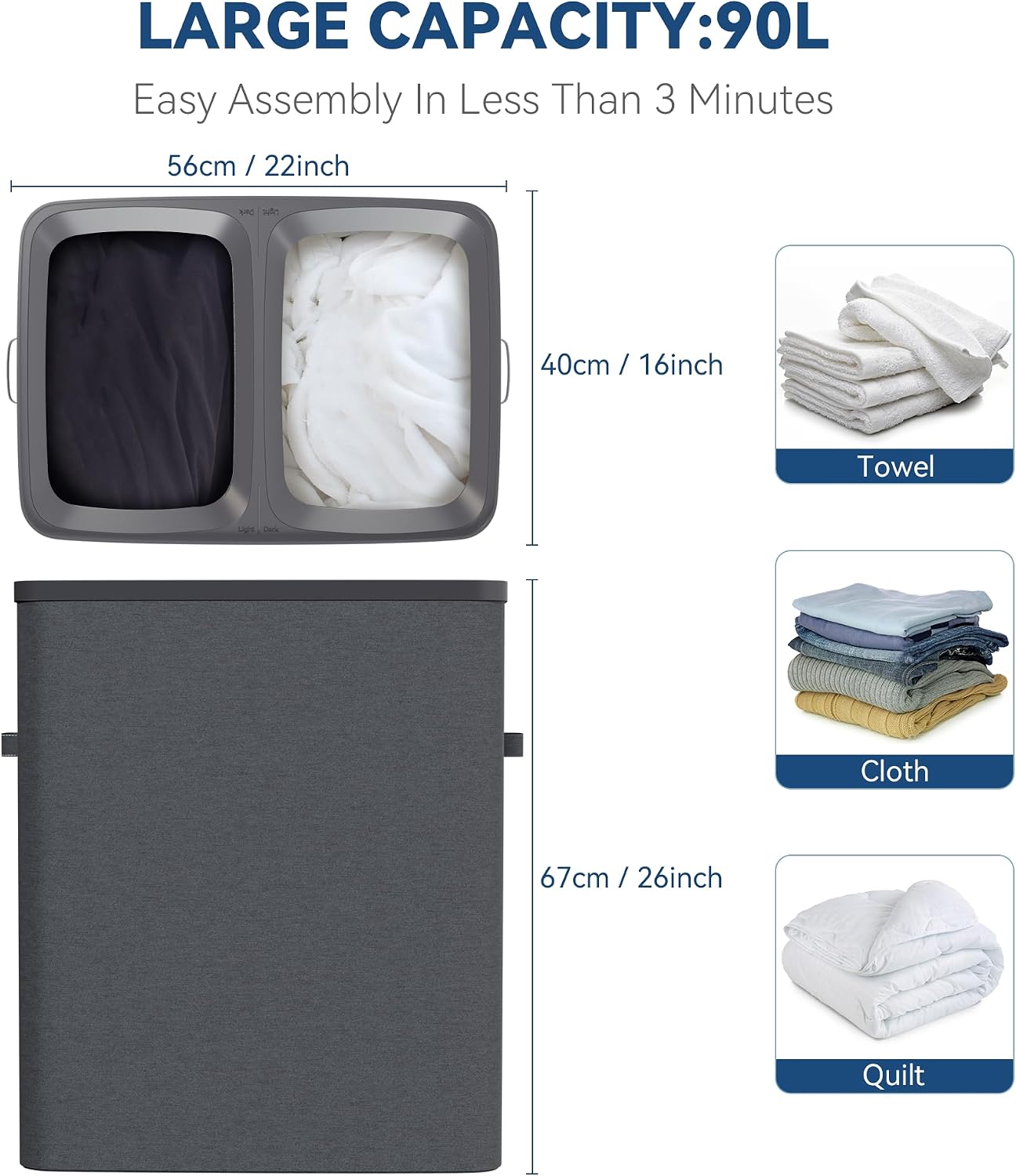 Whitmor Laundry Sorter, 92L Laundry Hamper with Shelf & 2 Removable Bags, 2 x 12.1 Gallons (46L), 28.8 x 13 x 28.4 Inches, Dirty Clothes Hamper Organizer for Laundry Room, Bathroom, Dorm, Black