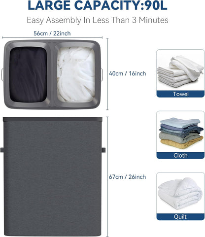 Whitmor Laundry Sorter, 92L Laundry Hamper with Shelf & 2 Removable Bags, 2 x 12.1 Gallons (46L), 28.8 x 13 x 28.4 Inches, Dirty Clothes Hamper Organizer for Laundry Room, Bathroom, Dorm, Black