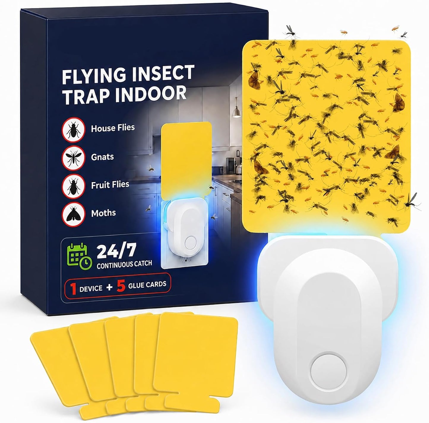 Flying Insect Trap Indoor Plug in, UV Light Fly Trap for Home | with 10 Sticky Glue Cards to Catch Fruit Flies, Gnats & Moths, Quiet Odor-Free Bug Catcher for Kitchen, Bedroom,Living Spaces