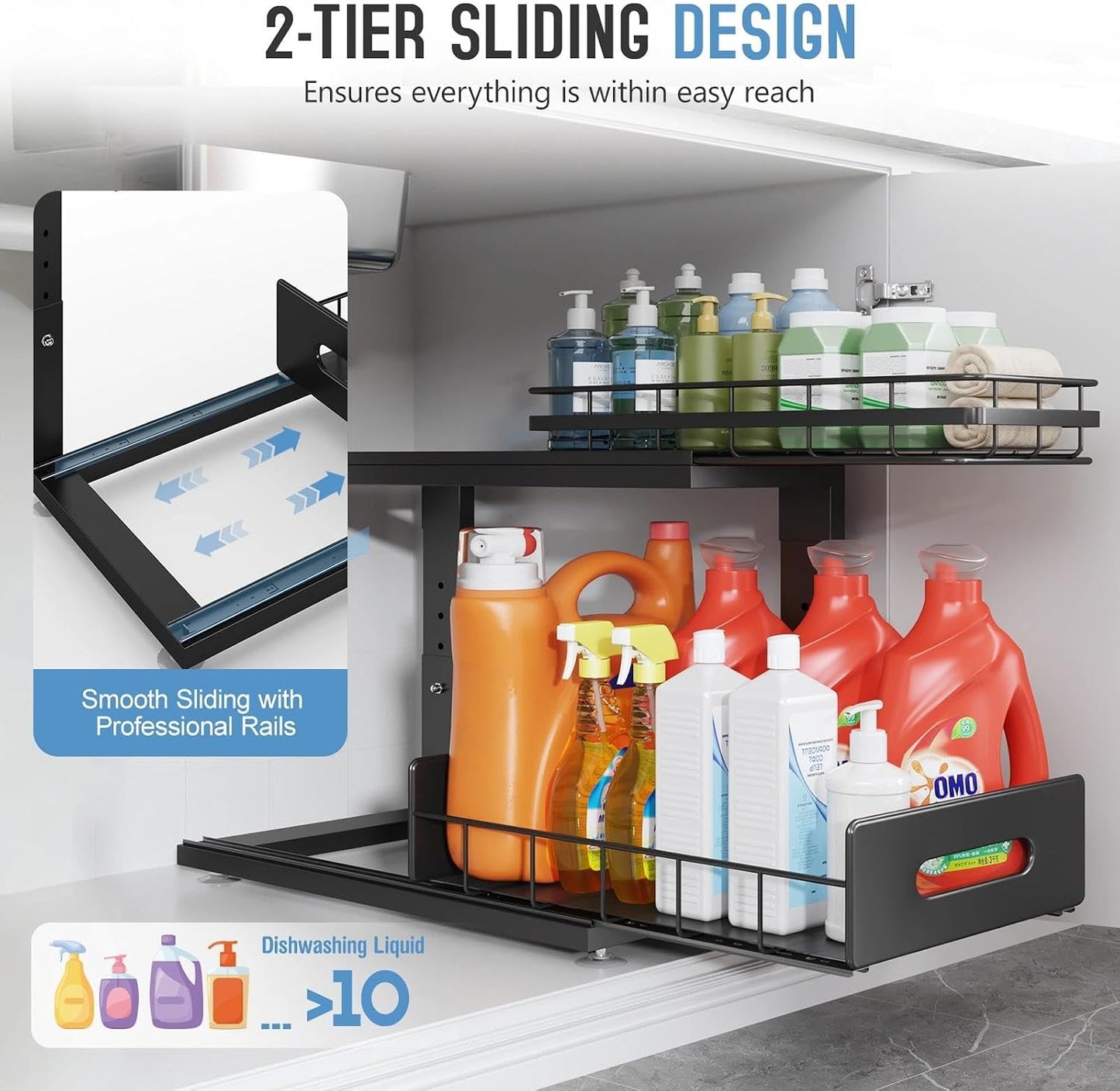 Under Sink Organizer Upgrade To Professional Rails,2-Tier Dual Pull Out Cabinet Storage,Height Adjustable Slide Out Drawers For Bathroom Kitchen,2 Pack-14.5" Dx12.8-16.9" H,White