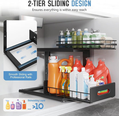 Under Sink Organizer Upgrade To Professional Rails,2-Tier Dual Pull Out Cabinet Storage,Height Adjustable Slide Out Drawers For Bathroom Kitchen,2 Pack-14.5" Dx12.8-16.9" H,White