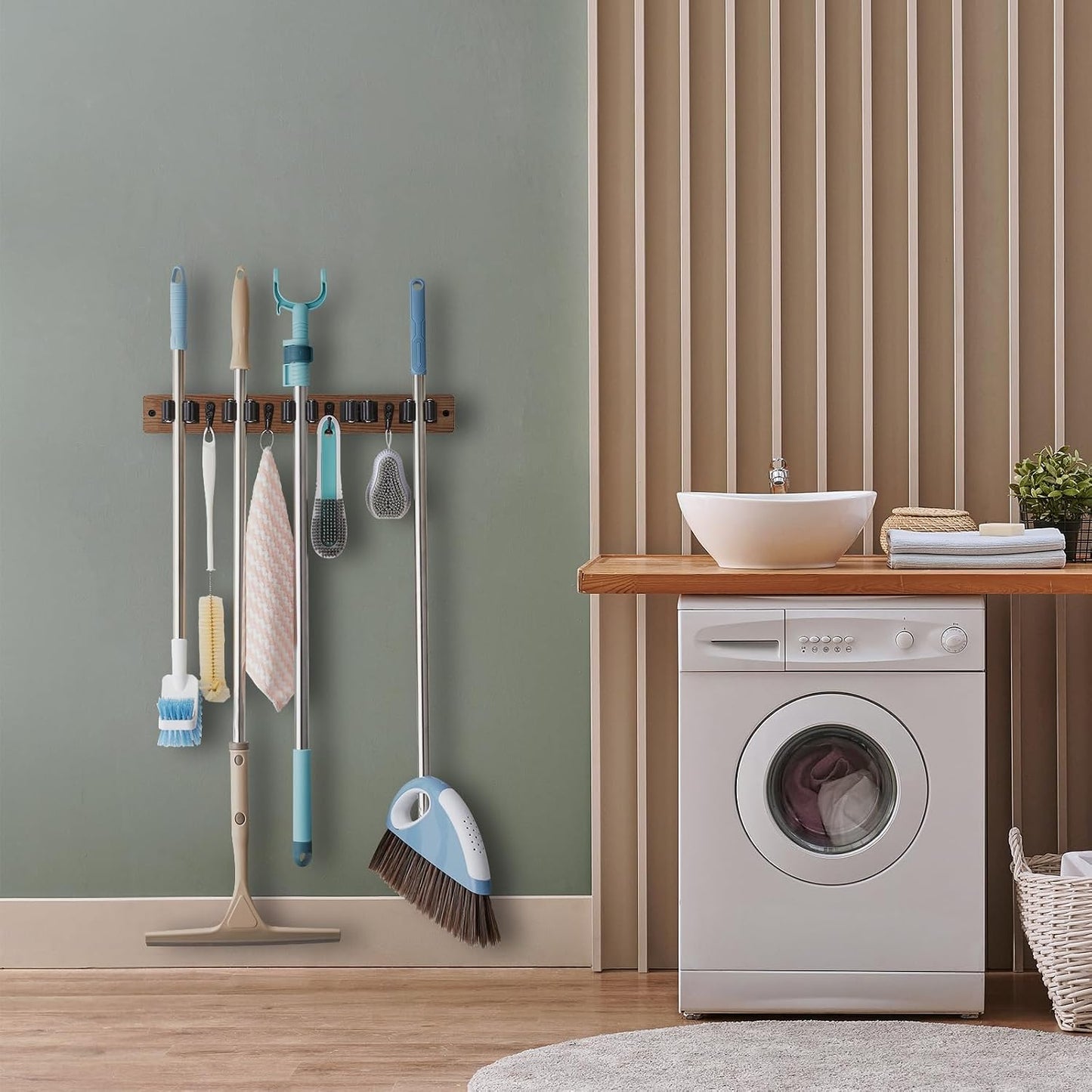 OUTNILI Mop and Broom Holder Wall Mount - Wood Broom Mop Hanger - Wall Mounted Garden Tool Rack Organizer for Closet Garage Laundry Room for Rustic Kitchen Decor With 5 Slots & 4 Hooks