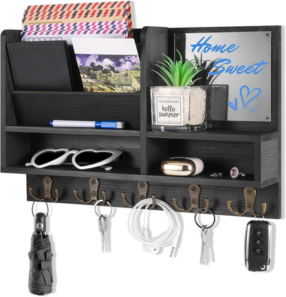Key Holder Wall Mount, Mail Organizer Wall Mounted, Solid Wood Key Holder for Wall Living Room Entryway Home Decor, with 10 Key Hooks, Shelf, Marker Pen, 15.7" x 10.2" x 2.8"