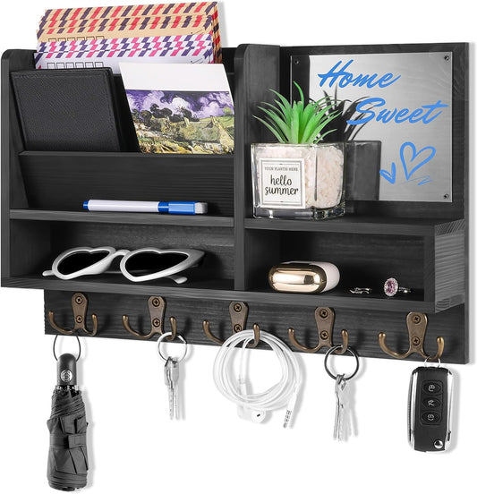 Key Holder Wall Mount, Mail Organizer Wall Mounted, Solid Wood Key Holder for Wall Living Room Entryway Home Decor, with 10 Key Hooks, Shelf, Marker Pen, 15.7" x 10.2" x 2.8"