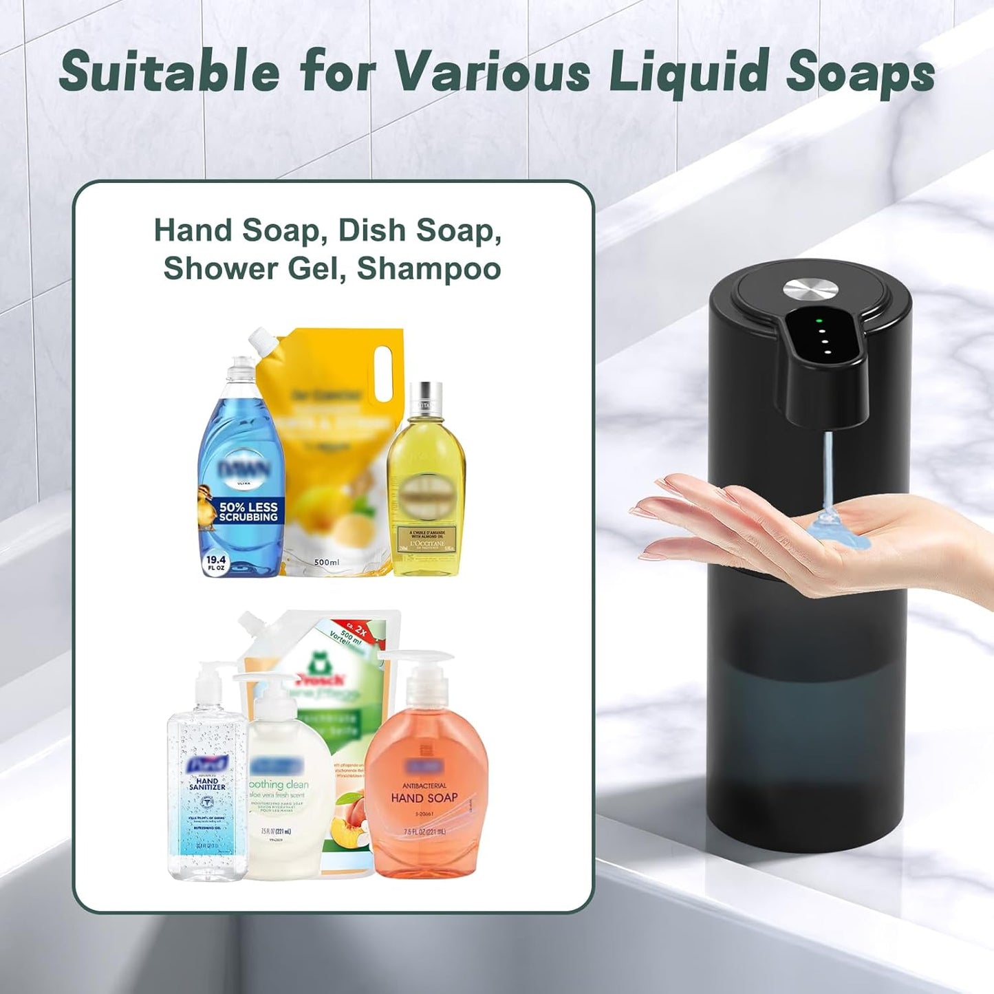 Automatic Foaming Soap Dispenser USB C Rechargeable Hand Soap Dispenser for Bathroom Touchless Dish Soap Dispenser for Kitchen IPX5 Waterproof, Matte Black