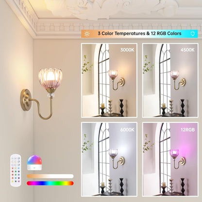 Set of 2 Vintage Battery Operated Wall Sconce, Rechargeable Wall Lamp with 5000mAh Battery & Remote Control, Dimmable Wall Lights with tulip shade for Bedroom Bathroom Living Room, (Tulip Amber Up)