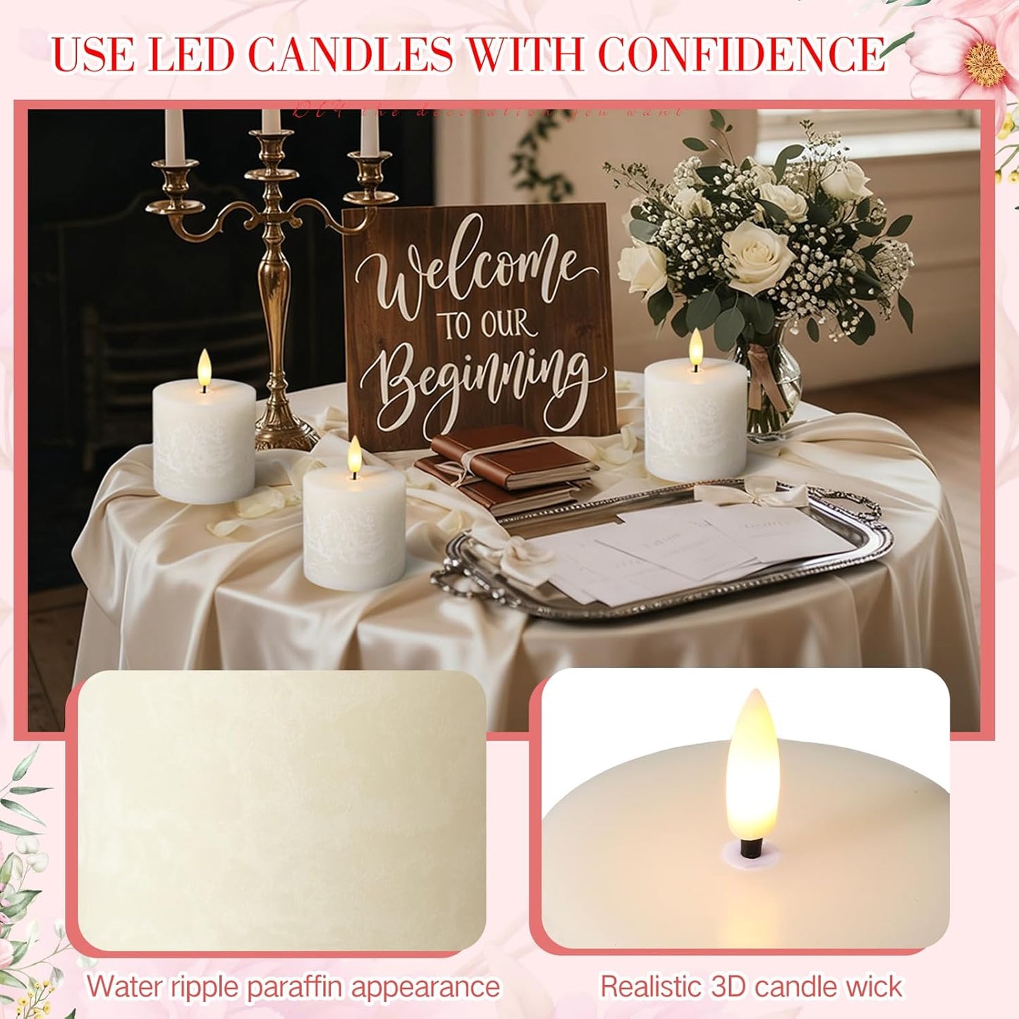 Retisee Valentine's Day Flameless Pillar Candles Set of 3 Battery Operated Candle with Remote Control Timers Real Wax Flat Top Flickering Small LED Candles for Valentine Decor Dinner(Ivory,3x3 Inch)