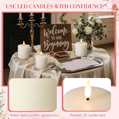 Retisee Valentine's Day Flameless Pillar Candles Set of 3 Battery Operated Candle with Remote Control Timers Real Wax Flat Top Flickering Small LED Candles for Valentine Decor Dinner(Ivory,3x3 Inch)