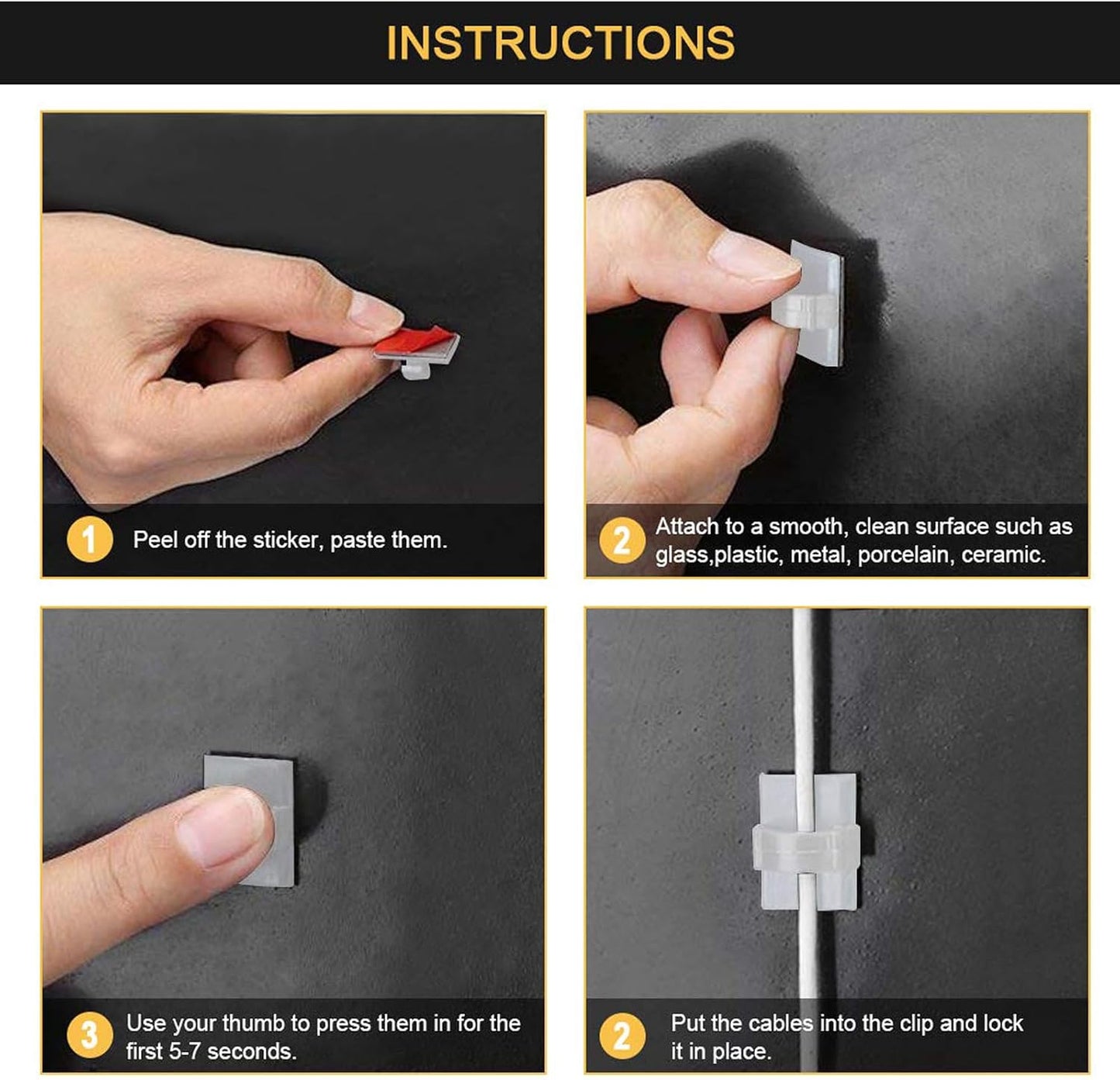 100pcs Self with 3M Adhesive Cable Clips Wire Holders Cord Organizer Cable Clamp Management Sticky for Office Home Car Desk Tables PC Laptop TV Wall, Black