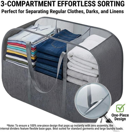 150L Collapsible Laundry Basket, 3-Compartment Foldable Hamper with Handles, Durable & Lightweight Clothes Organizer for Laundry Room, Dorm, Travel - Grey
