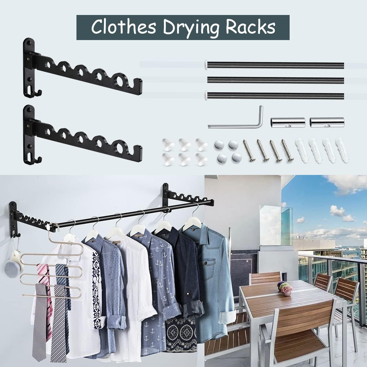 Clothes Drying Rack Wall Mounted Drying Racks for Laundry Room Organization and Storage Clothes Rack，Aluminum Dryer Rack with Two Drying Rods for Hanging Wet and Dry Clothes
