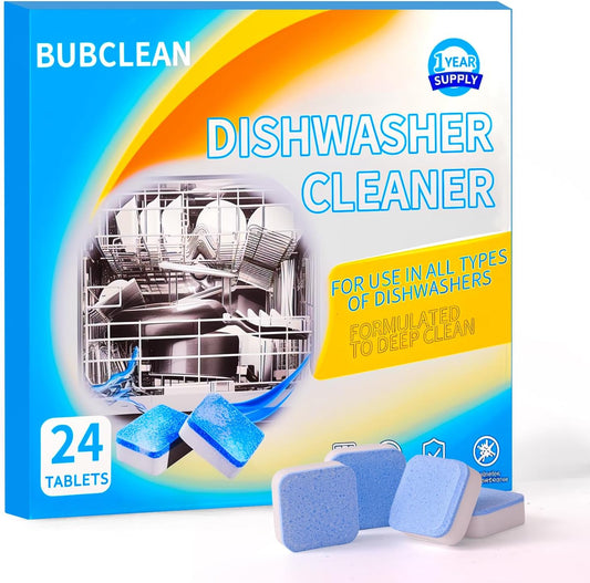 24 Pack BUBCLEAN Dishwasher Cleaner＆Deodorizer Tablets, Deep Cleaning Descaler for Dishwasher, Natural Odor, Limescale, Grease, Calcium ＆ Smell Remover, Septic Safe with Lemon Scent - 12 Month Supply
