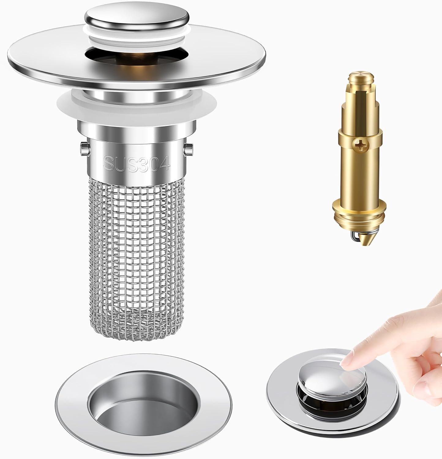2PCS Bathroom Sink Stopper Strainer, Pop-Up Bathroom Sink Drain Strainer with Removable Stainless Steel Hair Catcher Basket, Universal Fit for US Bathroom Sinks, Bathtubs, Showers & Floor Drains