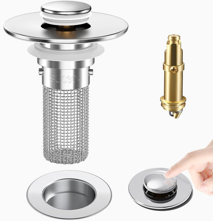 2PCS Bathroom Sink Stopper Strainer, Pop-Up Bathroom Sink Drain Strainer with Removable Stainless Steel Hair Catcher Basket, Universal Fit for US Bathroom Sinks, Bathtubs, Showers & Floor Drains