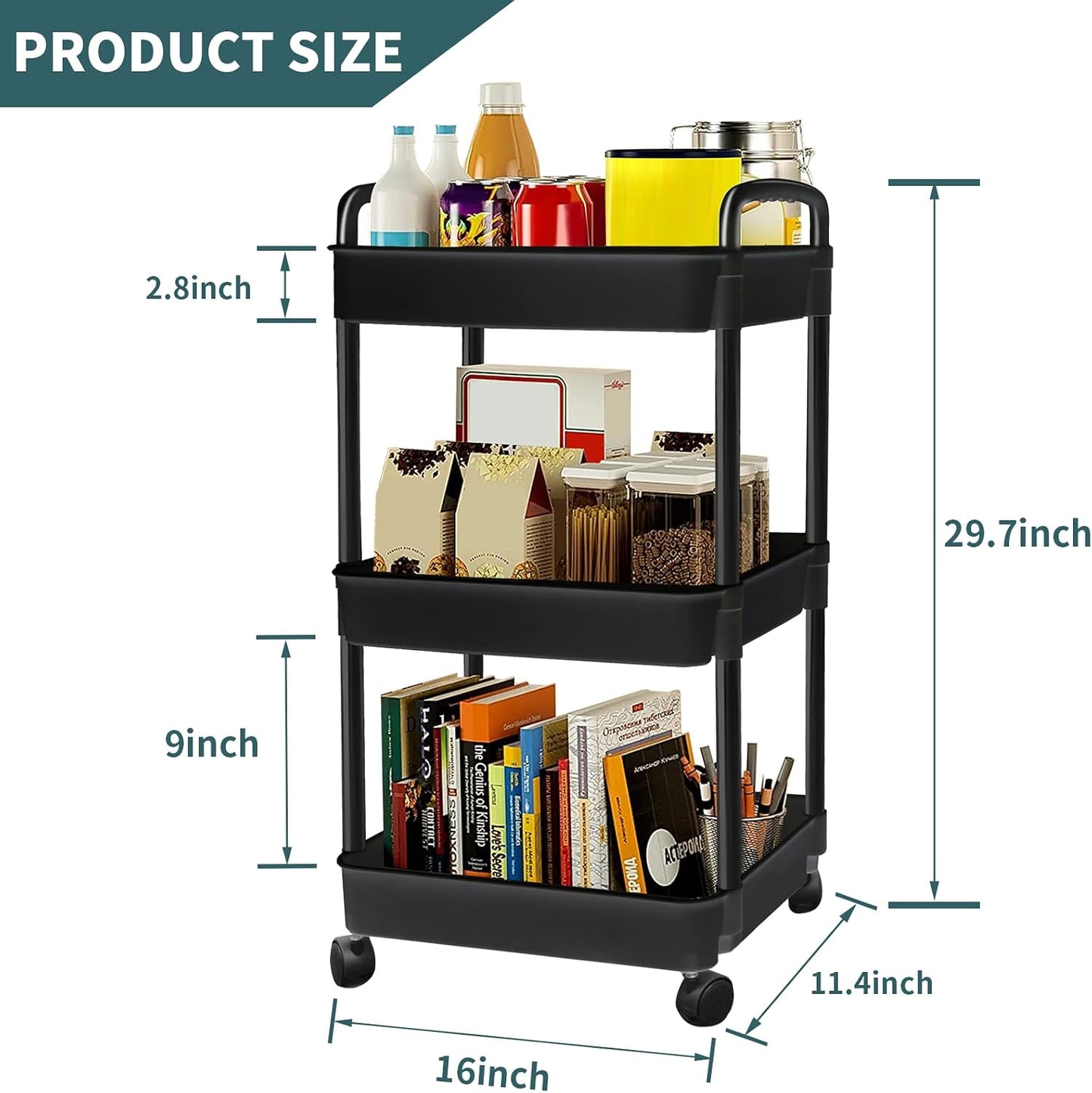 EZ COZY 3 Tier Rolling Cart, Plastic Diaper Cart Organizer with Wheels, Roller Cart for Diapers, Baby Nursery, Kitchen, Bathroom, Living Room and Bedside, White