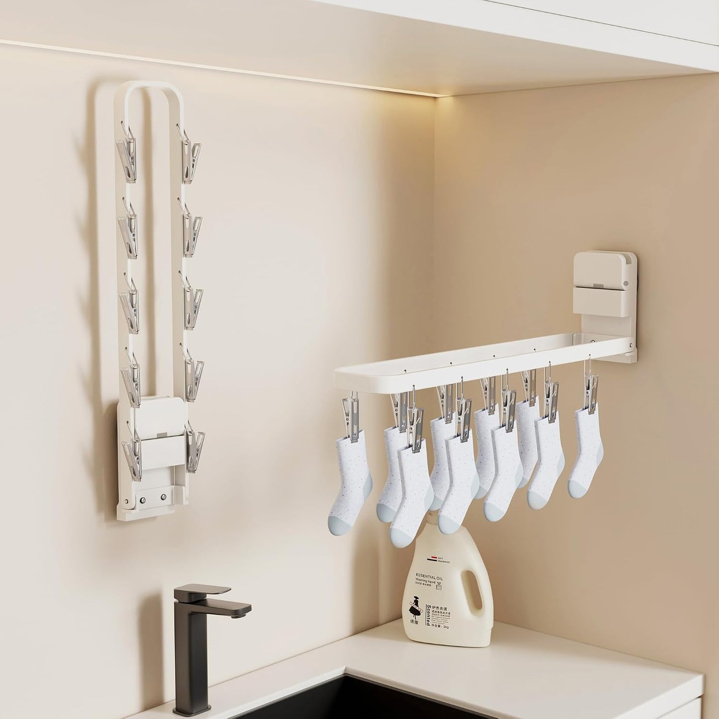 2 Pack Wall Mounted Suction Cup Clothes Drying Rack with 20 Clips, Portable & Collapsible Sock Hanger for Drying Socks, Bras, Underwear, Baby Clothes,Towels