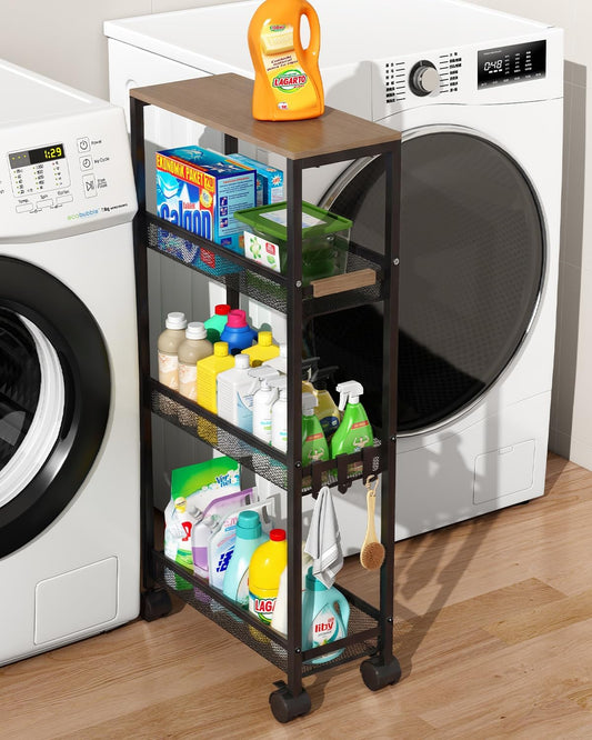 TIPGO Utility Slim Storage Cart, 4 Tier Rolling Cart with Wheels, Narrow Storage Cabinet for Bathroom, Laundry Shelves for Room Organization, Small Organizer for Kitchen, Office and Dorm (White)
