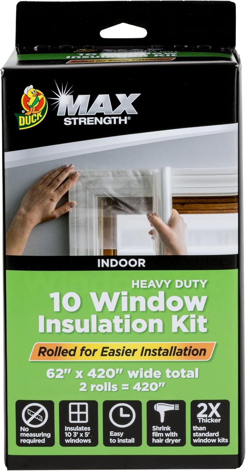 Duck MAX Strength Window Insulation Kit, Winter Window Seal Kit Fits up to 10 Windows, Heavy Duty Shrink Film Cuts to Size for Easy Indoor Installation, Window Tape Included,62 In. x 420 In., Clear
