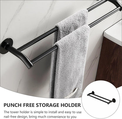 Luxshiny Punch-Free Aluminum Alloy Dual-Pole Towel Holder 40cm Black, Bathroom and Kitchen Wall-Mounted Storage Rack for Hand Towels and Cleaning Cloths