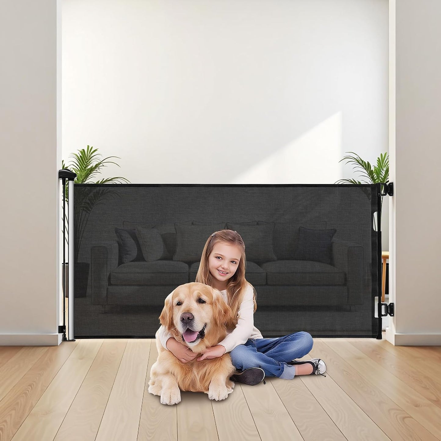 VEVOR Retractable Baby Gate, Extends to 202.7 inch Extra Wide, 39 inch Tall, with Reinforced Fiberglass Strips, Avoids Crawling Through, Mesh Dog Gate for Decks, Doorways, Garages, Indoor, Black