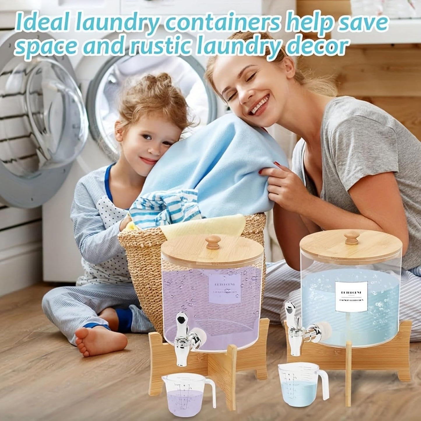 Laundry Detergent Dispenser, 88 oz / 2.5L Fabric Softener Dispenser for Laundry Room Organization, Detergent Holder with Stainless-Steel Spigot, Laundry Soap Container (2 Sets)
