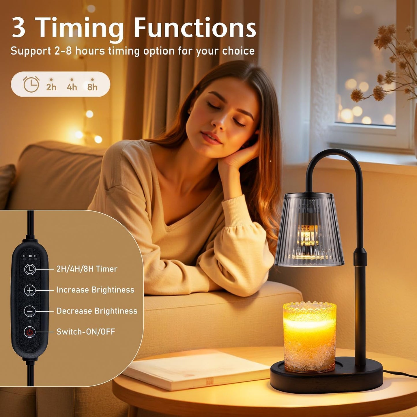 Adjustable Candle Warmer Lamp with Timer - Electric Light Wax Warming Dimmable Flameless Top Melter Heater Melting Heating Height Small Jar Candles Gifts Women Mom Birthday Home Desk Modern Decor