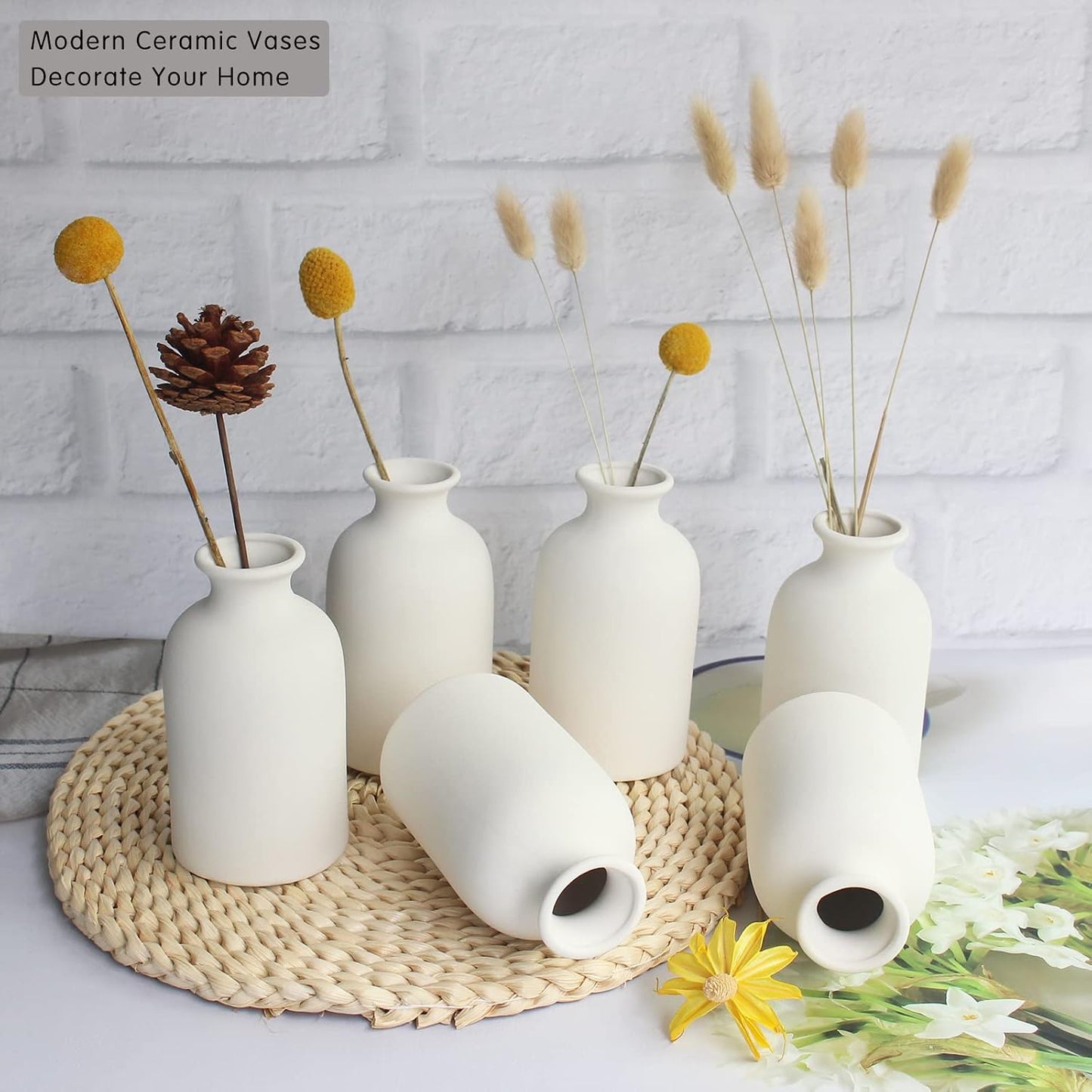 YANLING 6 Pack White Vase Small Ceramic Vases for Decor, Bud Vases | for Centerpieces White Vases for Flowers Boho Home Decor, Pampas Grass Dried Flowers Vases