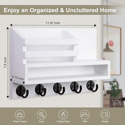 Key and Mail Holder Wall Mount, Key Hanger with Long Storage Box and 5 Hooks for Coat, Dog Leash, Home Decor Rack, House Accessories, Entry Way Organizer 11.8”W x 7.8”H x 3.2”D