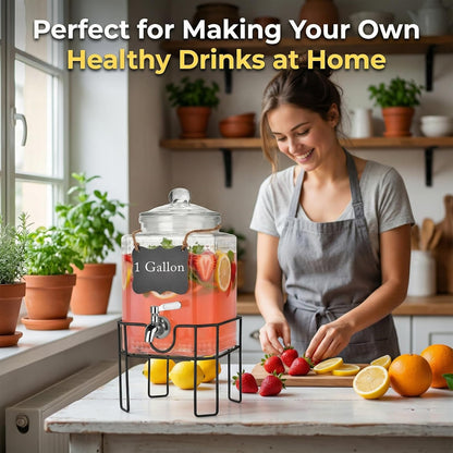 1.5 Gallon Glass Drink Dispenser, Drink Dispensers for Parties, Beverage Dispenser with Stand and Glass Lid, 100% Leakproof Spigot, Ideal for Lemonade, Juice, Iced Tea, Laundry Detergent
