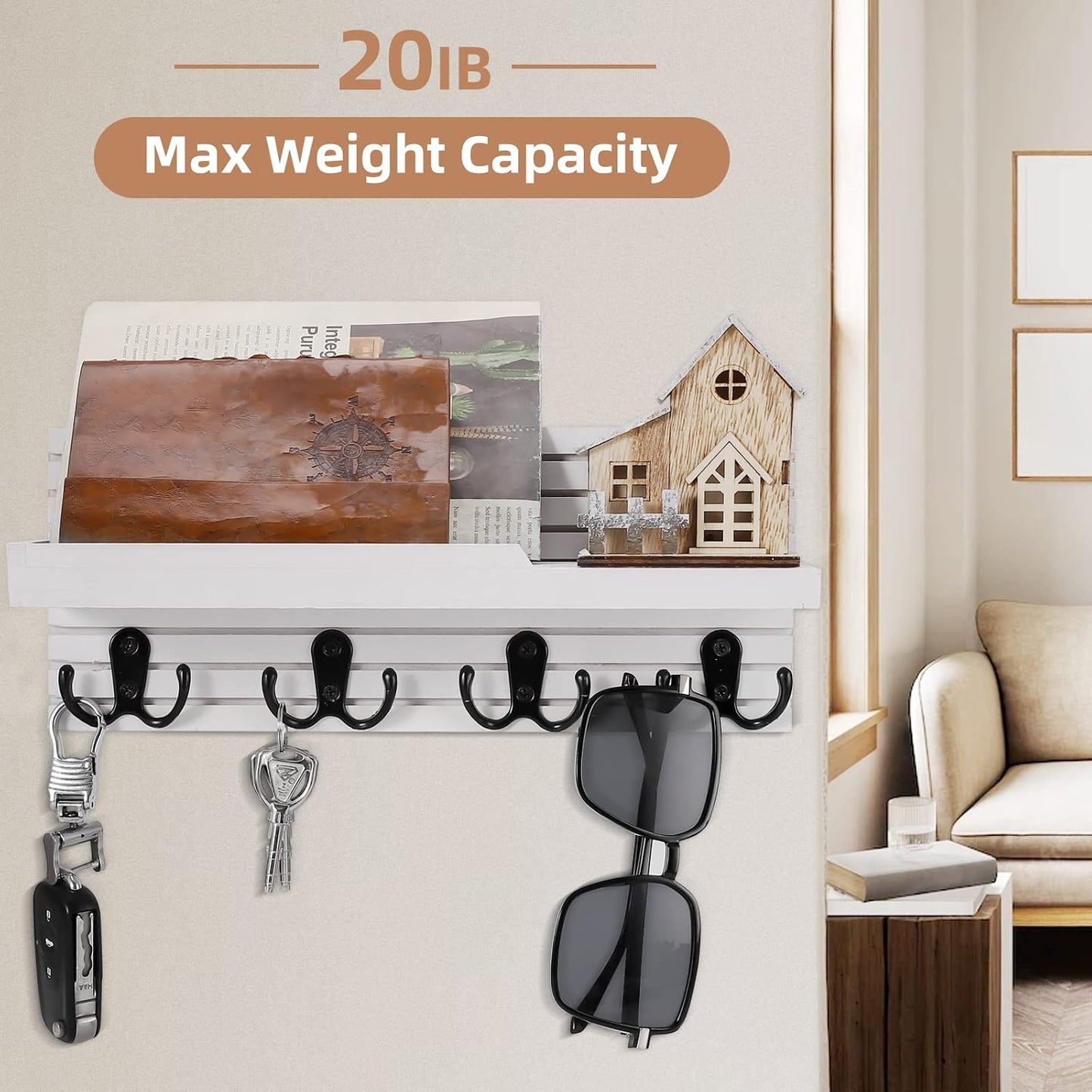 Decorative Key Hanging Rack with 4 Double Hooks – Easy Install Natural Wooden Key and Mail Holder for Wall Mount – Entryway Decor Rack with Shelf (Carbon Black)