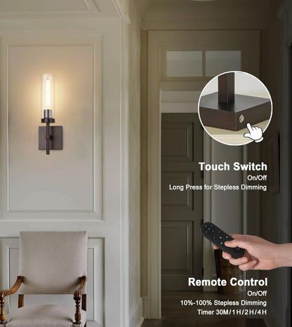Wireless Wall Sconces with Remote Control, Battery Operated Wall Sconce Set of 2, Black & Gold Rechargeable Dimmable Wall Light for Bedroom Living room Bathroom Hallway Entryway Stairwell, 3000K