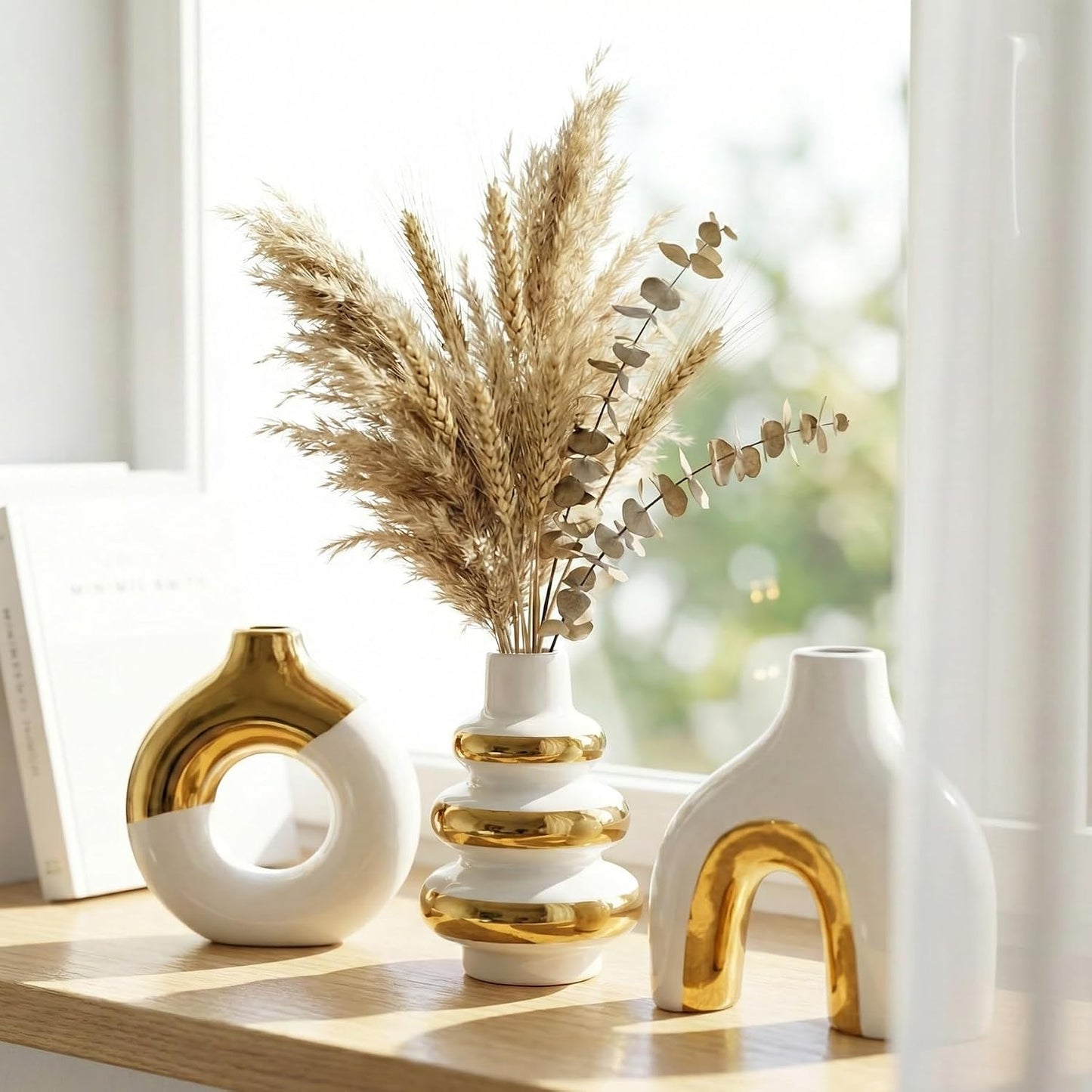 White Ceramic Vase Set of 3, Small Flower Vases for Pampas Grass, Modern Boho Vase for Decor, Round White Vases Centerpieces for Wedding Living Room Bedroom Coffee Table Dinner Table