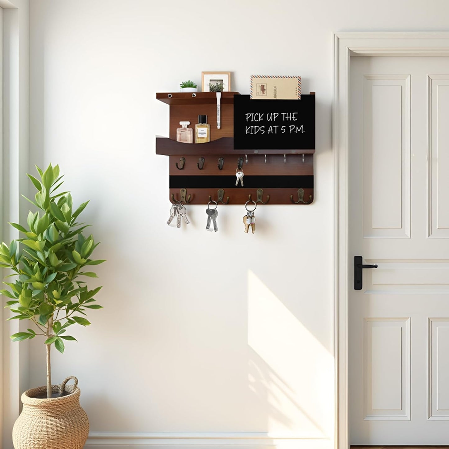 Key Holder for Wall Mount with Shelf and Mail Organizer, Key and Mail Holder with 16 Hooks, Farmhouse Entryway Organizer, Home Decor Rack (Pine Wood, Black)