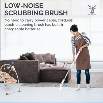 Electric Spin Scrubber - Cordless Cleaning Head with 6 Replaceable Brushes - 90° Rotatable - Ideal for Floor, Window, Cars - Ivory White
