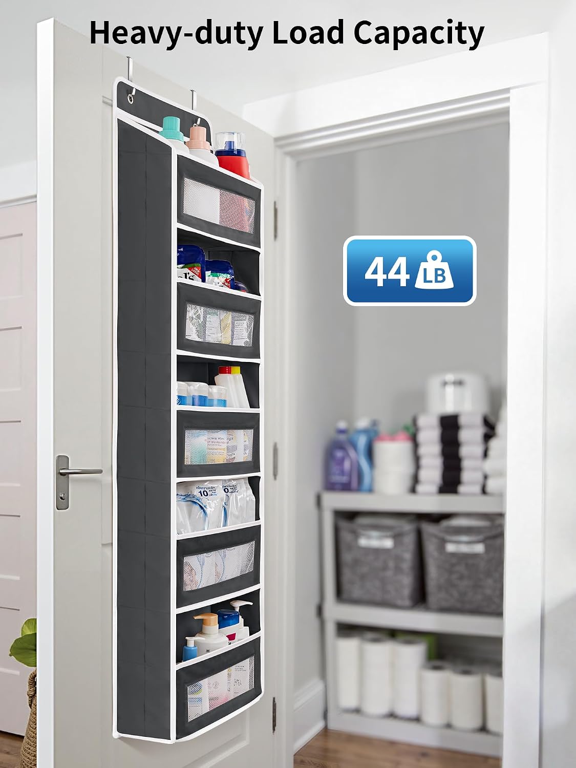 JARLINK 2 Pack Over the Door Organizer Storage, 5 Shelf Hanging Door Organizer with 5 Large Capacity Pockets, Anti Tilt 44 lb Load Behind Door Storage for Bedroom, Bathroom, Pantry, Nursery, (Grey)