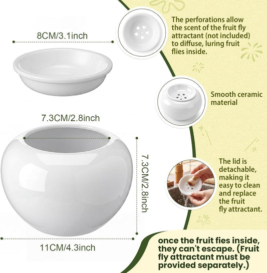 2 Pack Reusable Ceramic Fruit Fly Trap for Indoors, Kitchen Fly Catcher with Filter Funnel Design, Natural Vinegar Gnat Trap, Easy to Clean, Safe & Non-Toxic for Home