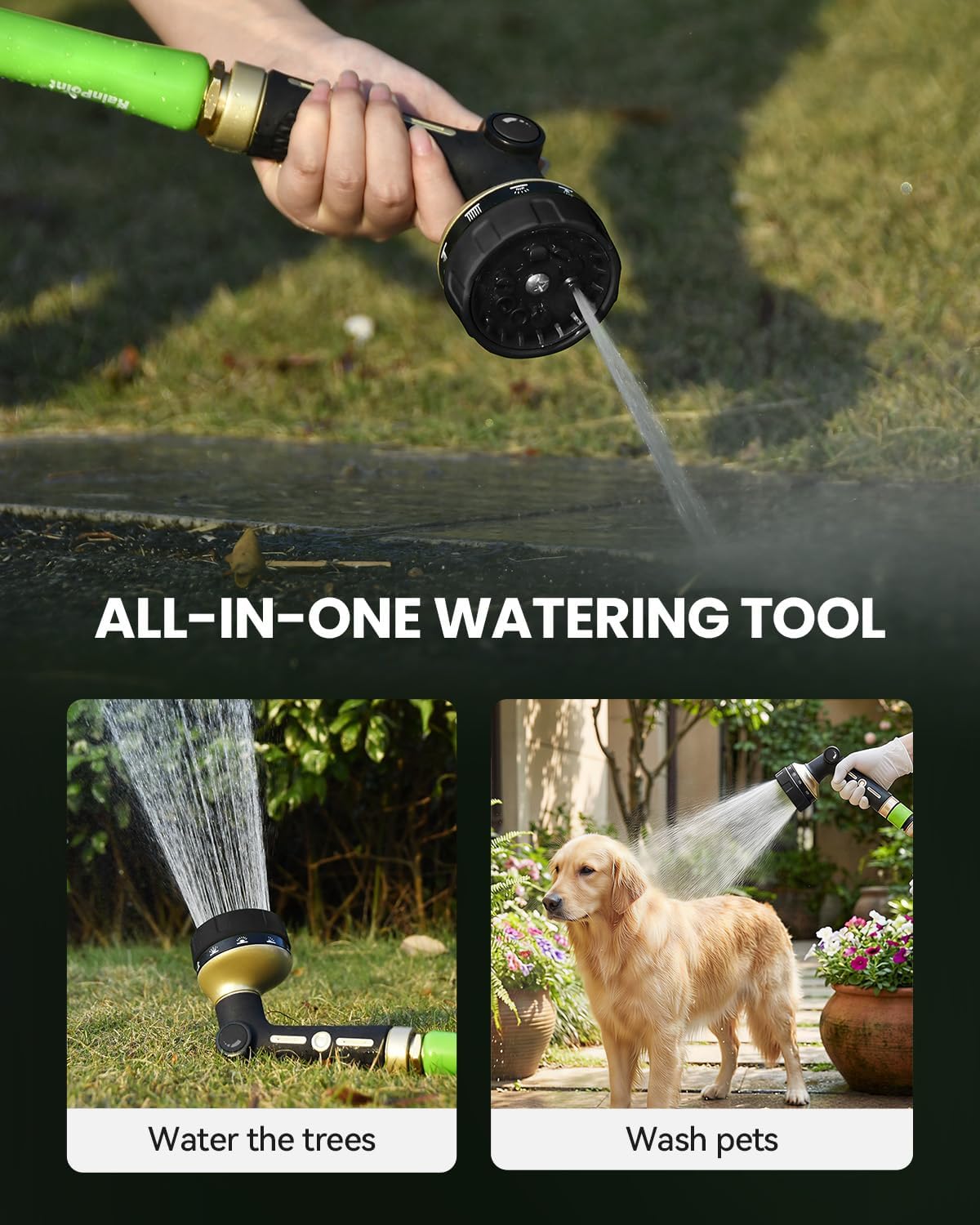 RAINPOINT Garden Hose Nozzle Heavy Duty - 100% Metal Thumb Control Spray Nozzles for Garden Hose High Pressure, 10 Patterns Water Hose Nozzle for Car Wash, Watering Lawn and Pets, Green