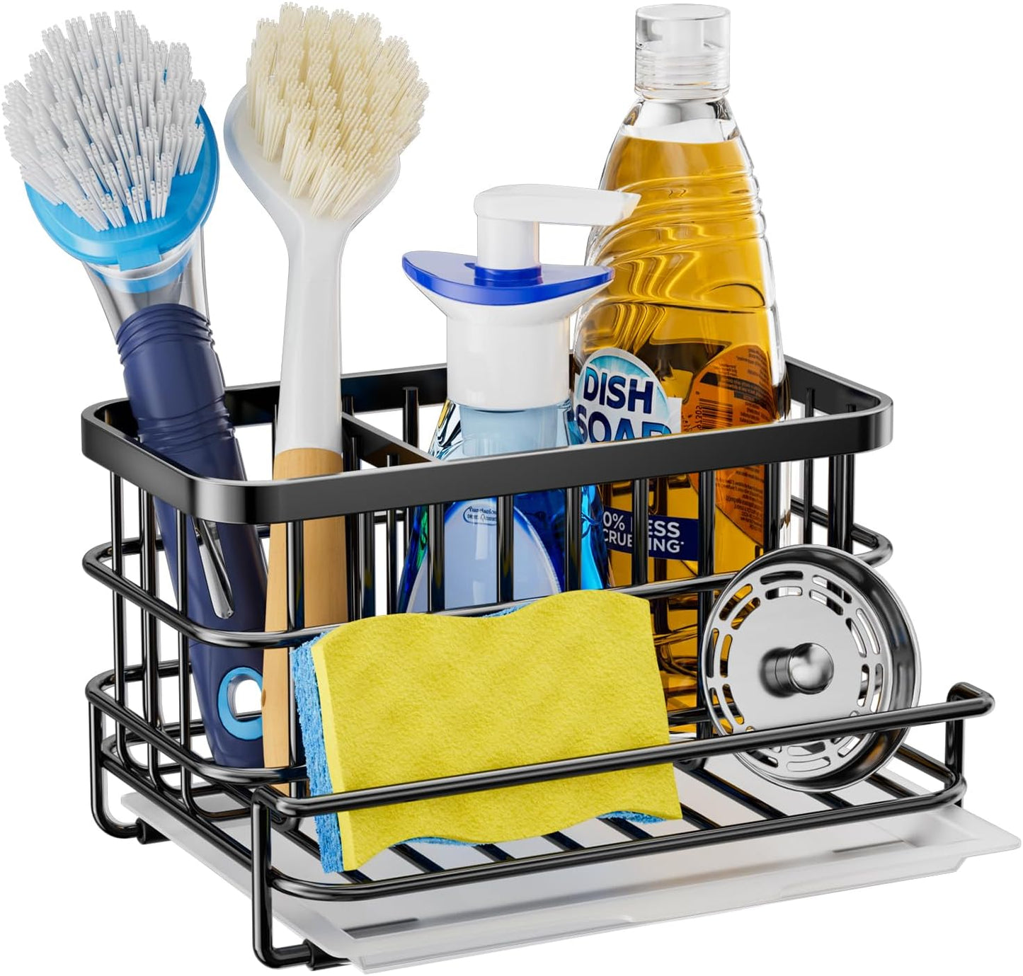 HapiRm Kitchen Sink Organizer, SUS304 Stainless Steel Rustproof Multifunctional Large Sink Caddy with Sponge Holder and Drain Tray for Kitchen Countertop (Silver)