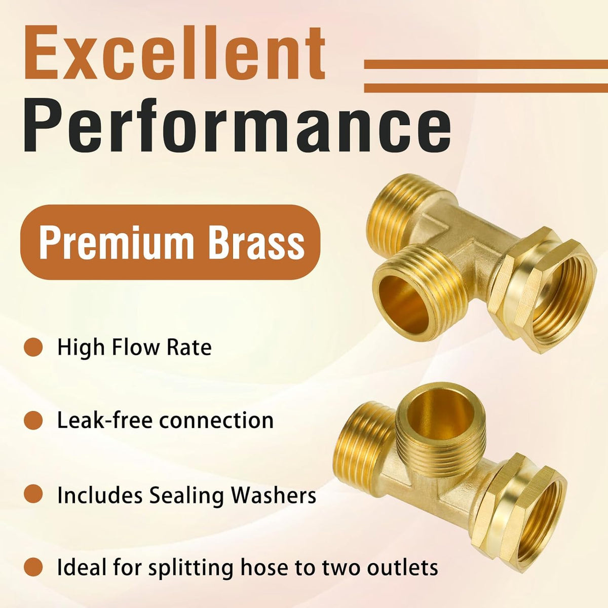 GHT 3/4 Hose Splitter 2 Way, Brass Hose Y for Outdoor Spigot | for garden hoses, sprinklers, drip irrigation and patios, good sealing performance, sturdy, leakproof, full flow port