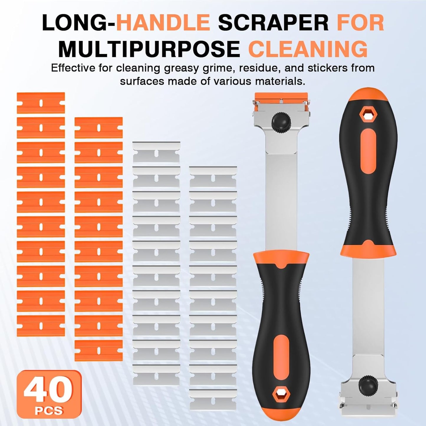2 Pack Razor Blade Scraper Tool with 20 Metal & 20 Plastic Razor Blades, Multi-Purpose Long Handle Heavy Duty Scraper Tool for Cleaning Cooktop, Oven, Floor, Paint, Tile, and Window Glass
