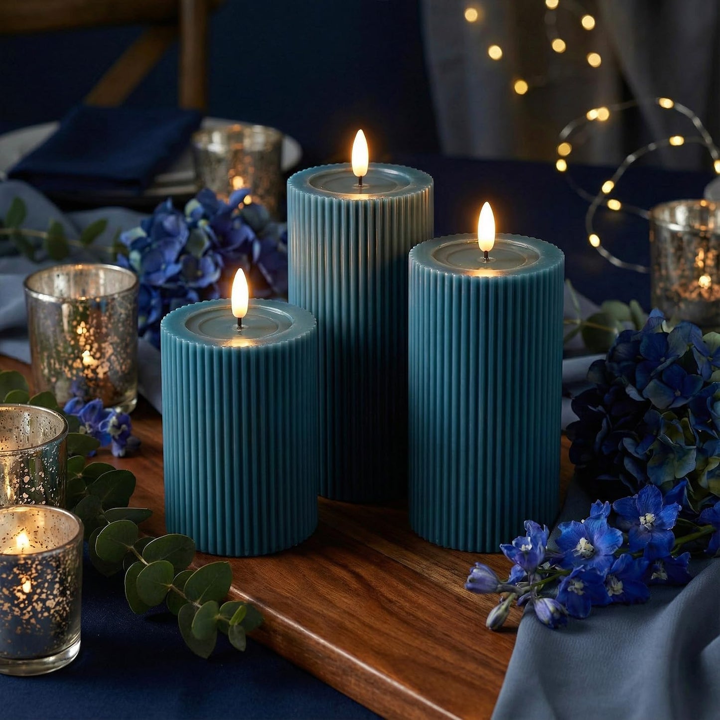 Fluted Ribbed LED Pillar Candles, Cream Beige, with Realistic Reflective Melted-Wax Effect – Flickering Flame, Remote, Dimmable, Flameless, Battery Operated, Home & Wedding Decor (Set of 3)