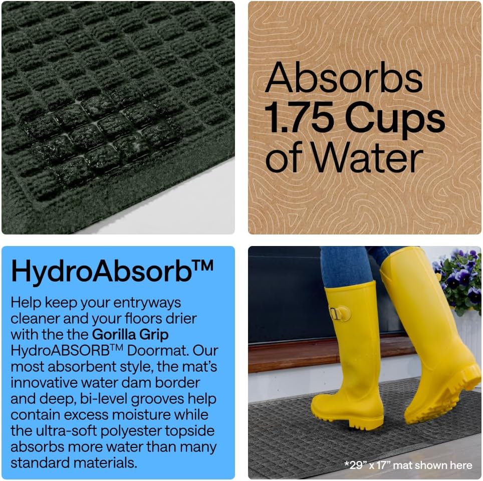 GORILLA GRIP® Ultra Absorbent Front Door Mat Outside Entrance, Traps Dirt and Moisture, HydroABSORB Indoor Outdoor Doormat Holds Up to 1.7 Cups Water, Stain and Fade Resistant Welcome Mat, 29x17 Black