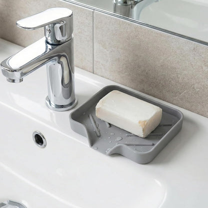 Silicone Bathroom Soap Dishes with Drain Spout Soap Dispenser Tray Sponge Holder Self Draining Kitchen Sink Counter Organizer Caddy for Dispenser Scrubber Bottle Cup(Black)