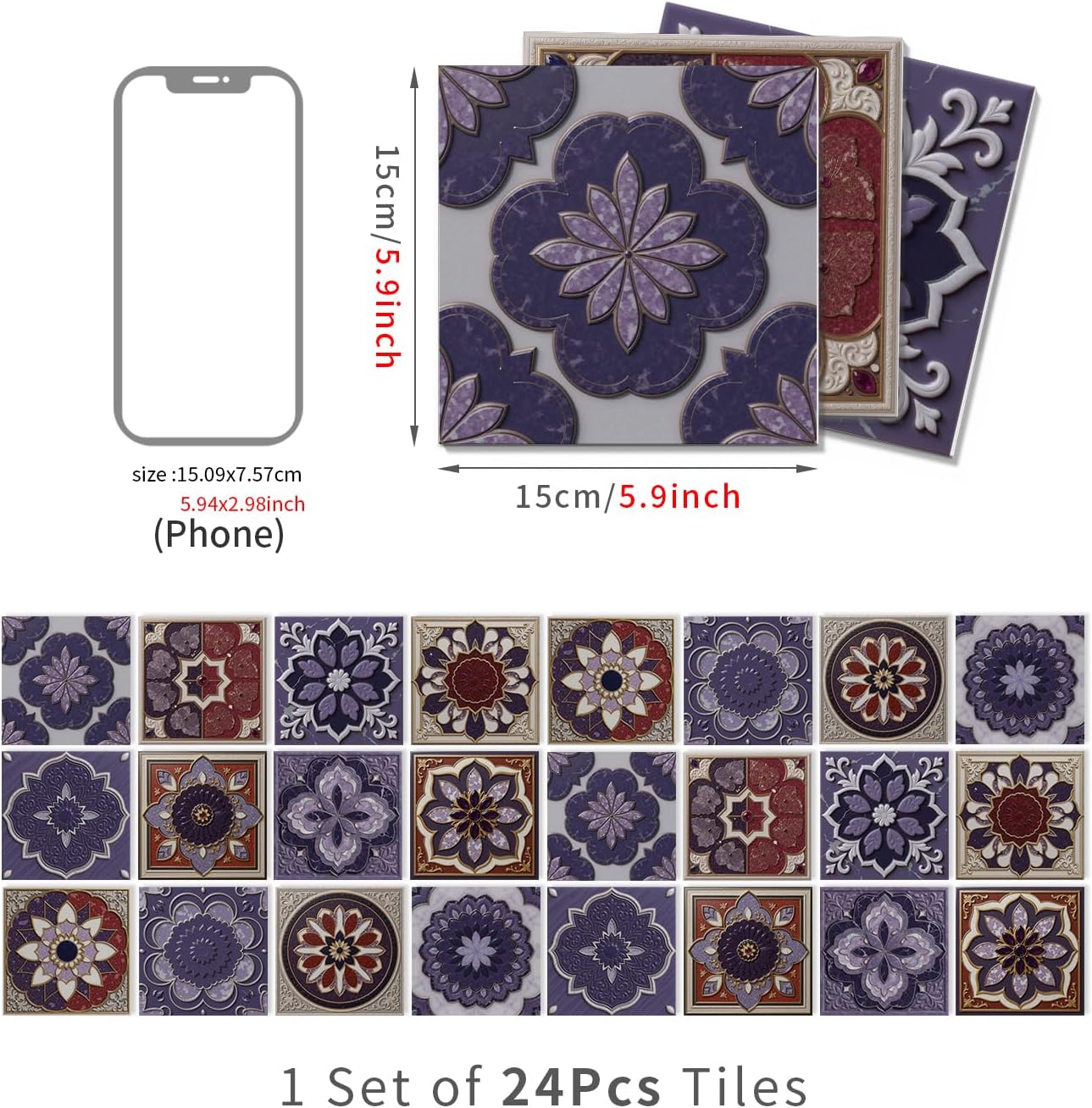 Peel and Stick Backsplash Tile Sticker for Kitchen and Bathroom Walls - 24 Removable 5.9"x5.9" Tiles, Waterproof
