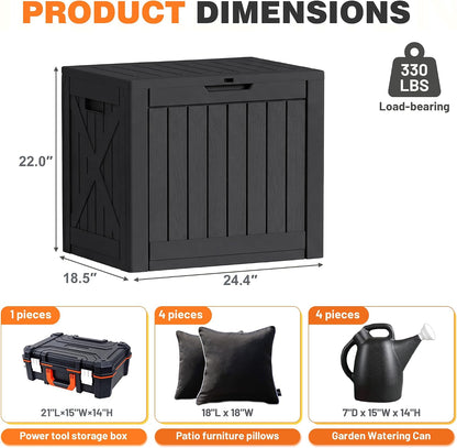 32 Gallon Deck Box Outdoor Indoor Waterproof Storage Box for Patio Furniture, Pool Accessories, Garden Tools, and Cushion Storage, Black