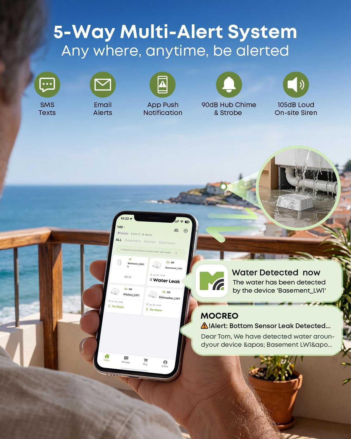 MOCREO WiFi Water Leak Detector Kit, 2000ft Long Range, SMS App Email Alerts, 105dB Adjustable Alarm, Leak Severity Tracking, 5-Year Battery Life, 3 IP67 Water Leak Sensors for Home Basement Kitchen